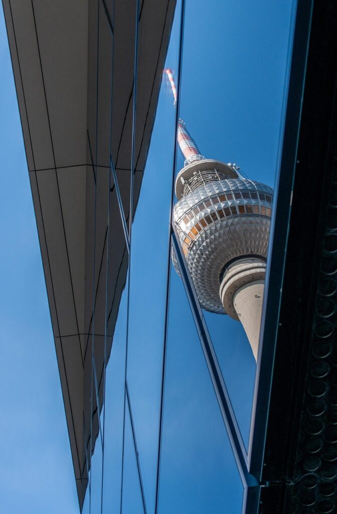 berlin, television tower, building, reflection, city, facade, glass, architecture